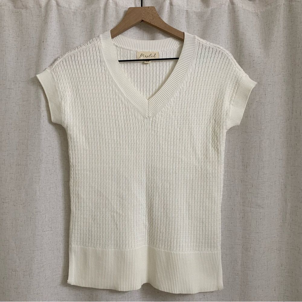 Marled Knit Cream V-Neck Over Shirt Top XS